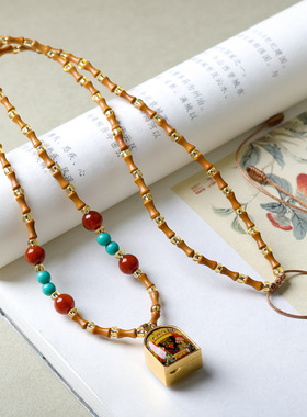 手工编织橄榄核竹节珠搭配扎基拉姆嘎邬盒项链文玩中式毛衣链