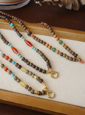 天然新中式高品质沉香木项链毛衣链长款万能扣链串珠玛瑙项链批发