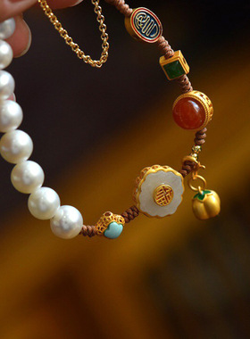 正宗柿柿如意多宝手链古法金工艺纯银和田玉南红淡水珍珠松石
