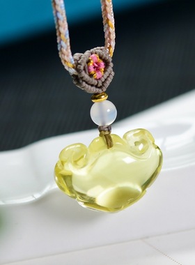 天然黄水晶如意锁爱心水晶吊坠水晶宝宝锁项链本命年男女情侣挂