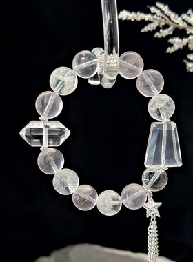 巧恩天然雪花幽灵莫粉白水晶随形水晶手链设计感手串厂家百搭