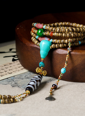 一线黄油沉香木多圈手链文玩六眼天珠金刚杵松石三通项链一件代发