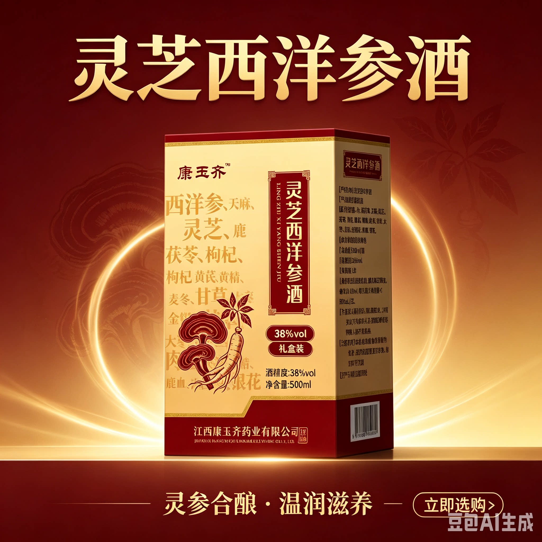 康玉齐灵芝西洋参酒38度500ml 天麻灵芝黄芪枸杞配制酒 送长辈礼