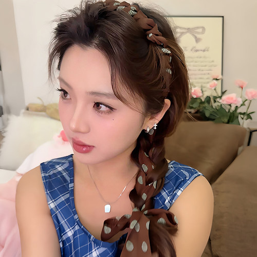 咖啡波点丝巾飘带编发发箍女