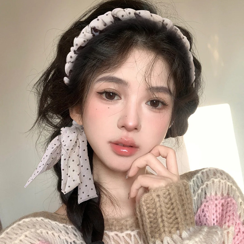 绑发一体波点飘带发箍编发丝带图片