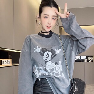 米奇印花长袖T恤女款欧洲站2025新款上衣冬季圆领宽松打底衫小衫