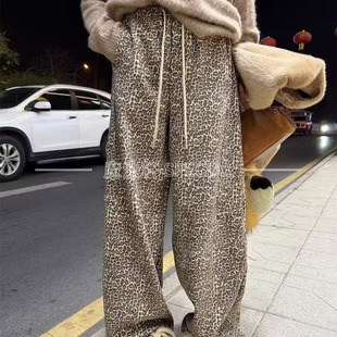 豹纹卫裤休闲裤女2025新款冬季高腰抽绳束脚长裤欧货时髦裤子潮Q