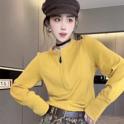 纯色半拉链长袖T恤女款