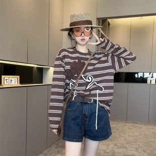 高端欧货洋气上衣潮 秋冬圆领套头小衫 花朵条纹长袖 T恤女2025新款