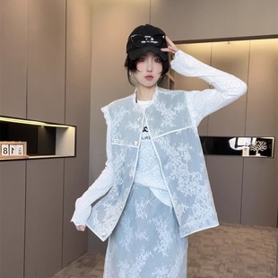 圆领砍袖 蕾丝拼接牛仔马甲外套女2025新款 设计感上衣春秋 现货