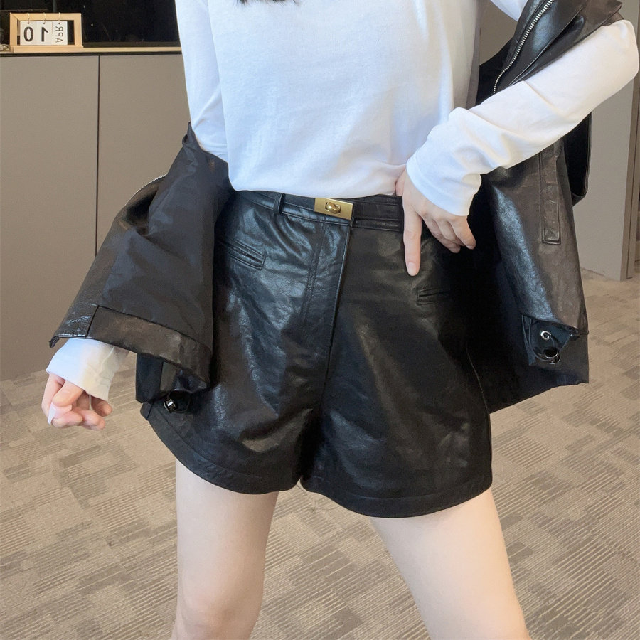 真皮牛皮高腰阔腿显瘦皮短裤女
