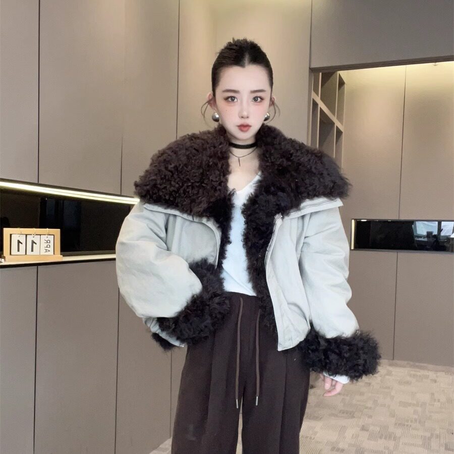 【现货】鹅绒短款派克服羽绒服欧洲站女2025新款毛领毛袖拉链外套