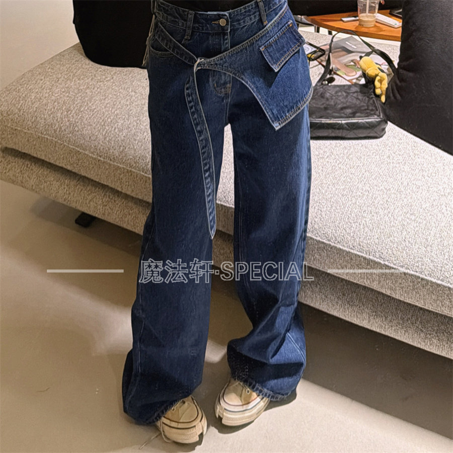 设计感裙裤牛仔裤女2026春季新款高腰显瘦直筒长裤假两件阔腿裤Q