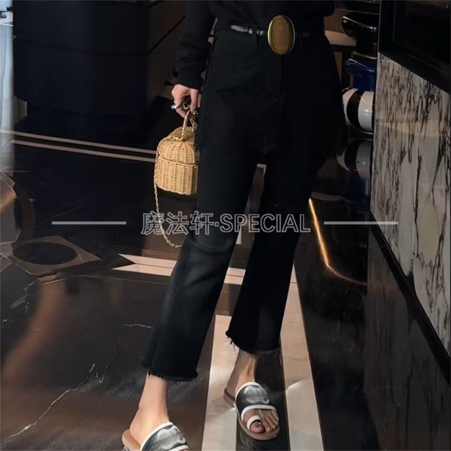 拼蕾丝高腰直筒九分牛仔裤女