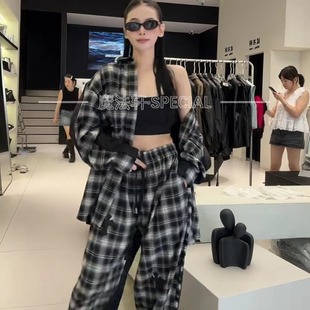 两件套2025新款 松弛风宽松拼接长袖 格子套装 秋季 欧货q 上衣 阔腿裤