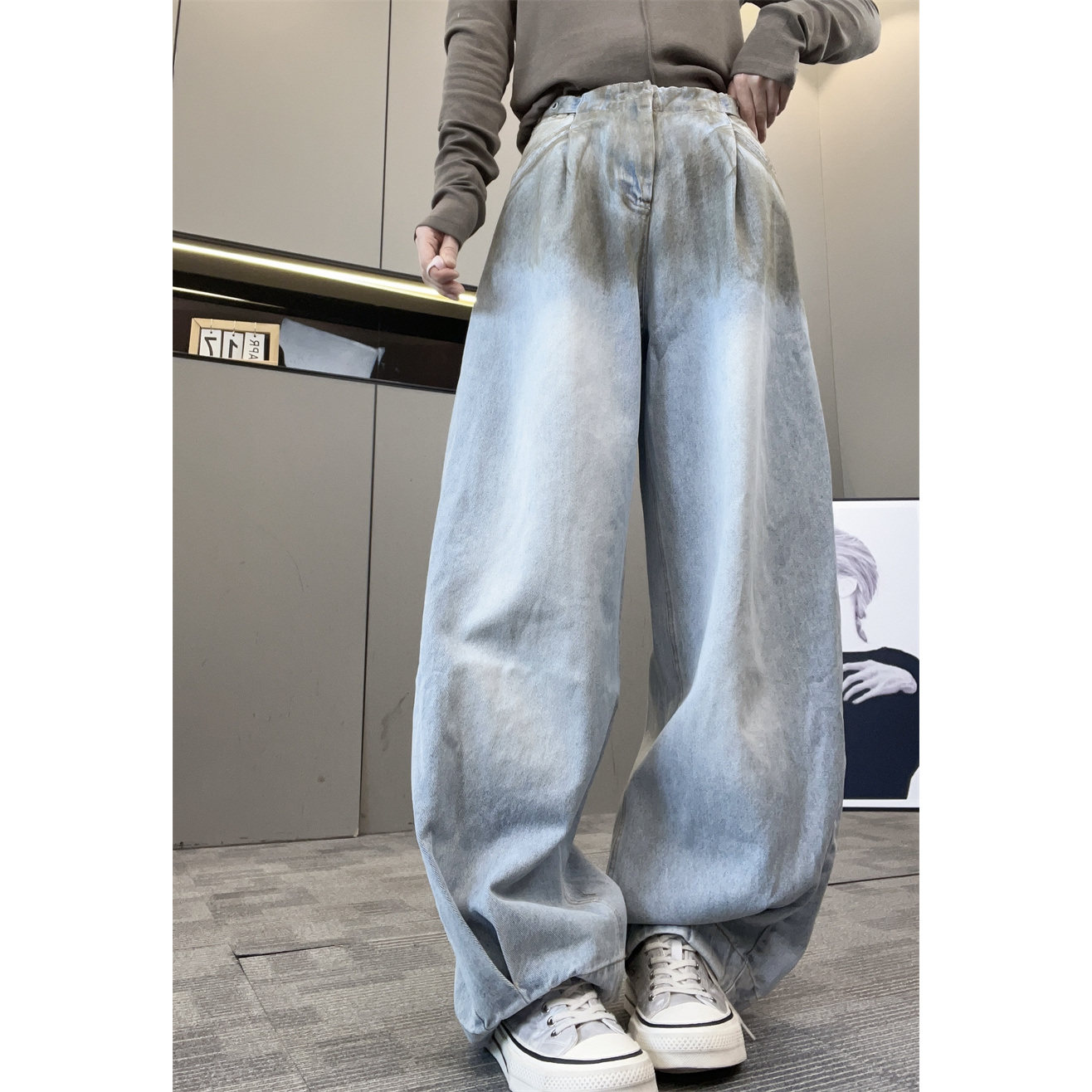 秋新做旧高腰显瘦阔腿牛仔裤女