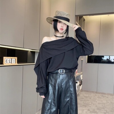 一字领露肩长袖T恤女2025新款