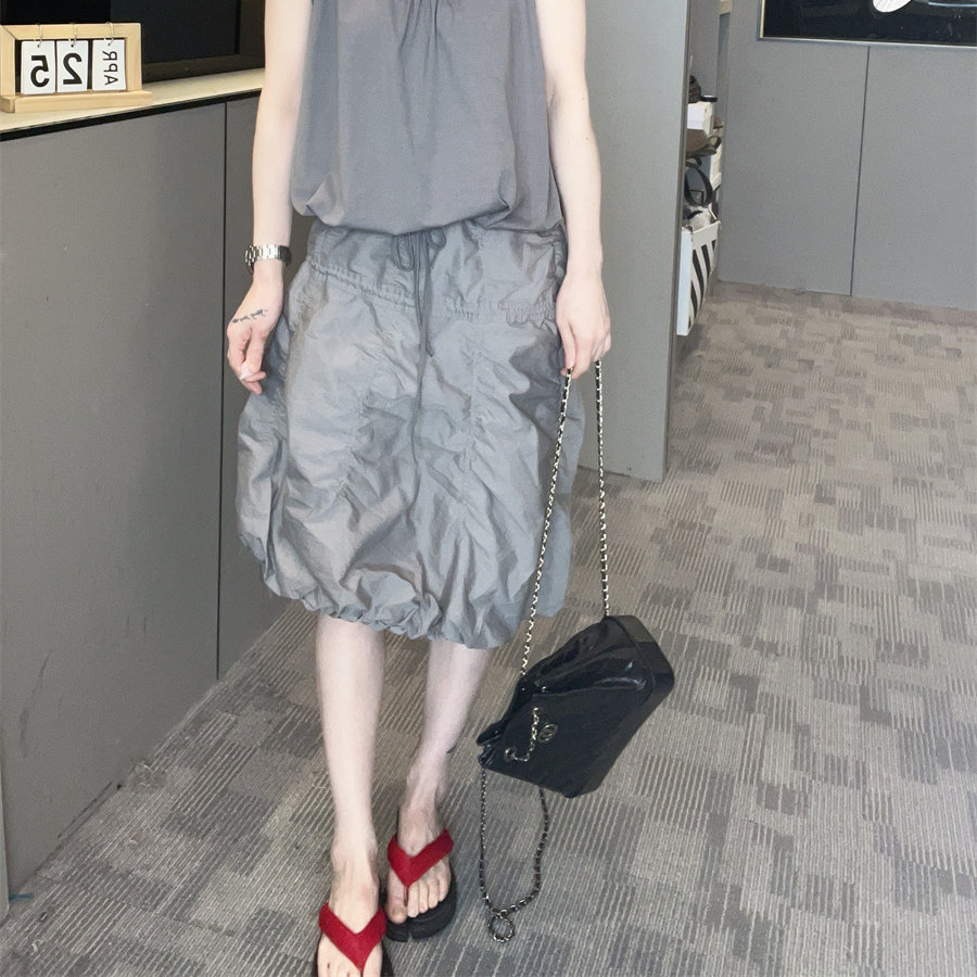 褶皱花苞褶皱抽绳斜边半身裙女2026年夏季高腰显瘦灰色百搭裙子潮