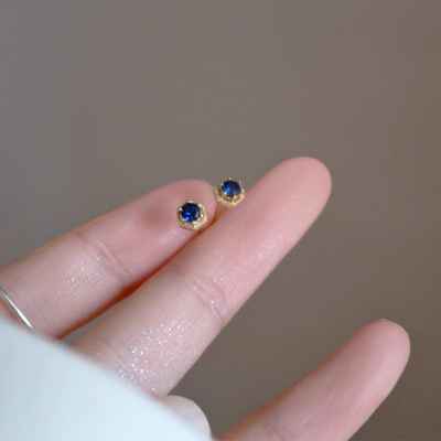 复古蓝色锆石几何耳钉女款小众简约气质六边形耳环耳饰秋冬新款潮