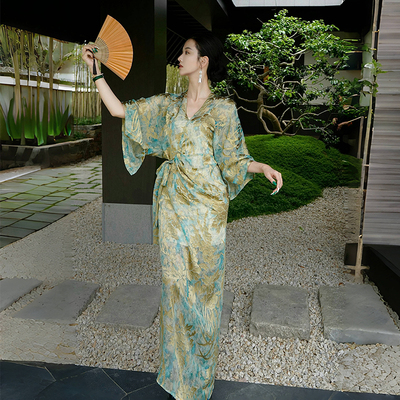 新中式苎麻真丝抽褶显瘦连衣裙