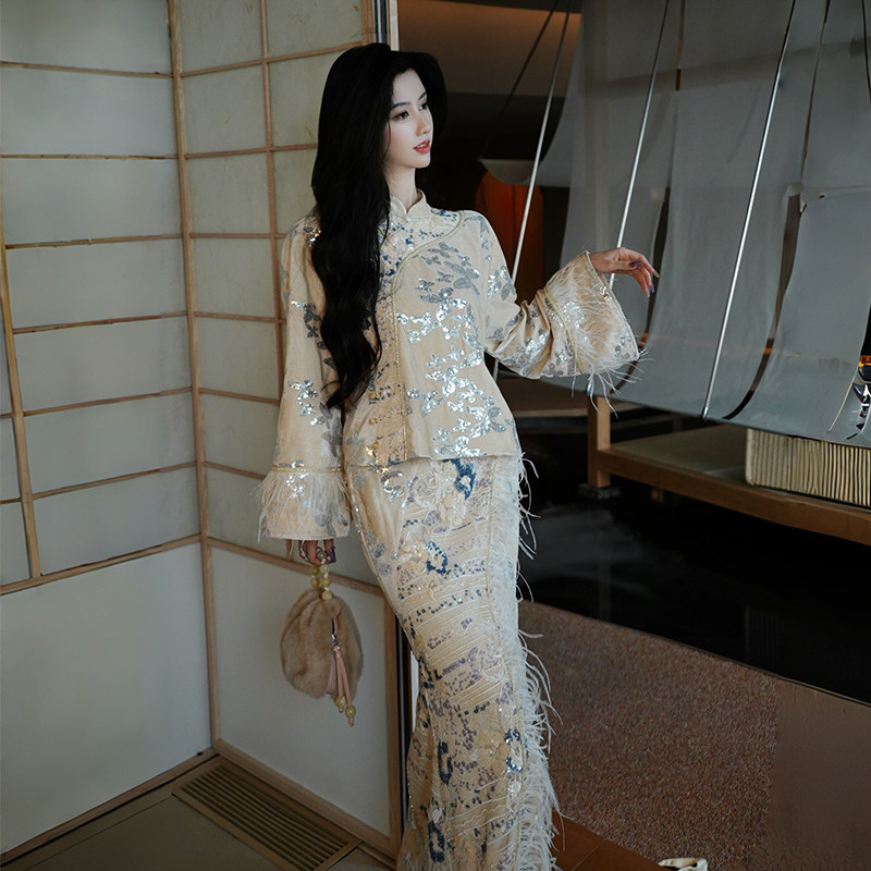 澄渔高定【山河枕】新中式重工珠片刺绣鸵鸟毛上衣鱼尾半身裙套装,女装/女士精品,时尚套装,淘宝优惠券,粉丝福利购,淘宝优惠卷