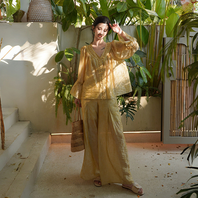 澄渔高定新中式桑蚕丝提花阔腿套