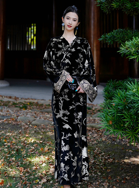 澄渔高定【黑曜金鸿】新中式黑金鼎级金钻绒烫花两穿外套连衣裙