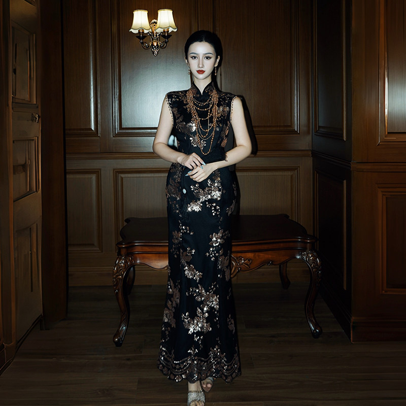 澄渔高定【牡丹亭】新中式重工珠片刺绣纱串珠鱼尾旗袍连衣裙