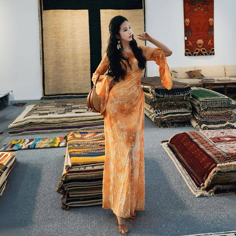 澄渔高定【长烟鎏岱】新中式S级漳绒缎晕染网纱喇叭袖鱼尾连衣裙