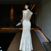 新中式 澄渔高定 翎云珞 三醋酸矢月朵暗纹缂花钉珠旗袍连衣裙