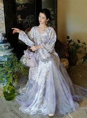 澄渔高定【紫棠凤鸣】新中式重磅九染金丝绒手工珠片绣连衣裙