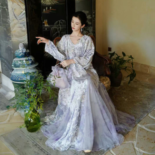 重磅九染金丝绒手工珠片绣连衣裙 新中式 澄渔高定 紫棠凤鸣