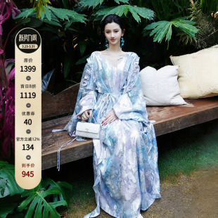 剪花木耳边连衣裙飘逸度假长款 新中式 连衣裙 云之锦岚 澄渔高定