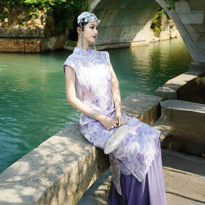 澄渔高定【紫宸】新中式璎珞紫非遗收藏级花枝绣浮光锦连衣裙套装