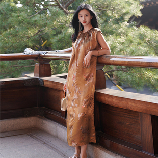 重磅1OO%醋酸香云纱烫金水彩织花连衣裙 新中式 澄渔高定 金麟