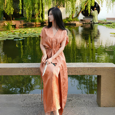 澄渔高定【金缕凤鸣】新中式纯天然锦丝提花金棕色一片式连衣裙