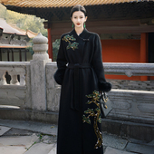 baby骆马绒珠绣狐狸毛系带黑色皮草大衣 新中式 澄渔高定 松上月