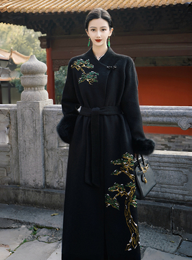 澄渔高定【松上月】新中式baby骆马绒珠绣狐狸毛系带黑色皮草大衣