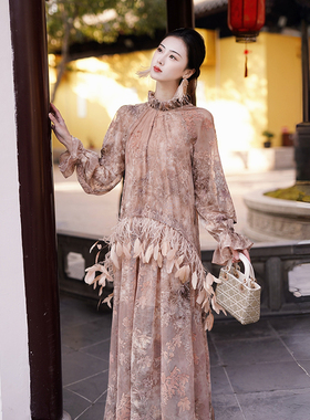 澄渔高定【羽凰】国风玛瑙雾粉烂花丝绒晕染可拆卸鸵鸟毛连衣裙