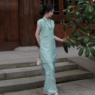 澄渔高定【碧玉倾城】新中式女装刺绣提花拼纱上衣阔腿裤禅意套装