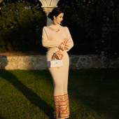 新中式 澄渔高定 凤翎牡丹 钻石羊绒提花珍珠高领假两件连衣裙