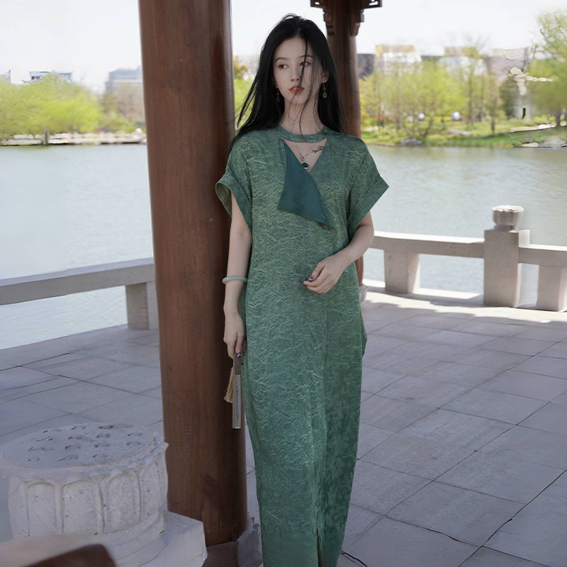 澄渔高定【璞玉】新中式两穿玉绿微皱炒色丝麻落肩长裙连衣裙