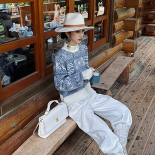 澄渔高定【蓝珞】新中式浣熊绒苗寨如意纹织花灯芯绒直筒裤套装