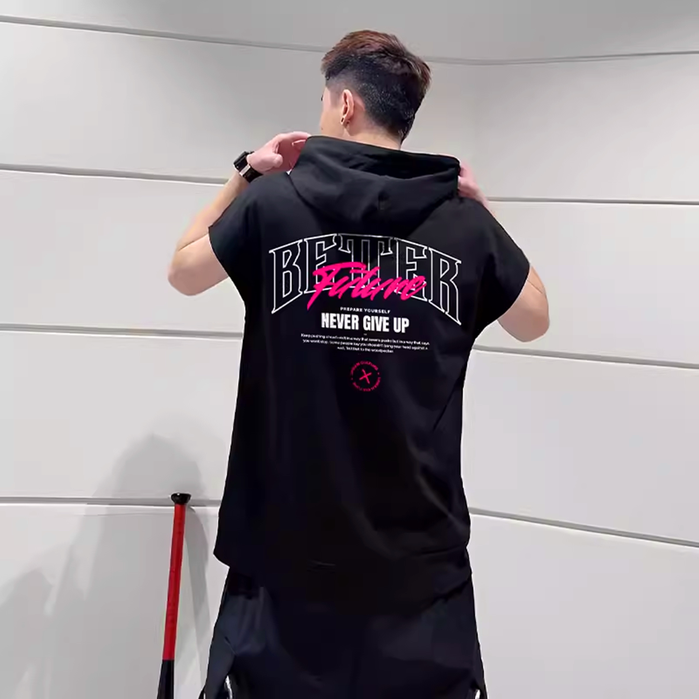 潮牌无袖T恤男女情侣连帽健身