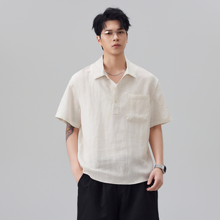 老钱风潮牌亚麻Polo领衬衫男款2026夏新款米白色天丝凉感短袖衬衣