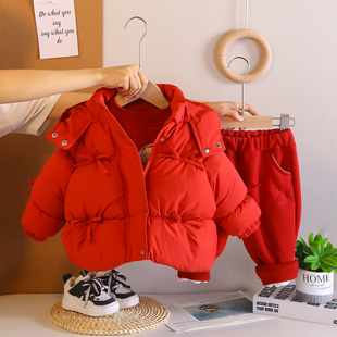 女童冬季棉衣外套加绒加厚三件套装宝宝红色喜庆衣服儿童女孩冬装