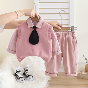 宝宝针织马甲套装秋款婴儿秋冬童装男童上衣裤子女童学院风三件套