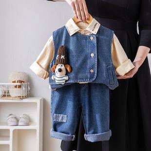 婴儿衣服韩版超洋气帅气卡通牛仔三件套6七8九个月一岁男宝宝春装