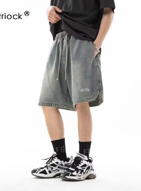 复古水洗牛仔短裤夏季刺绣男裤潮