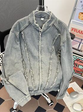 美式解构毛边立领机车牛仔夹克男